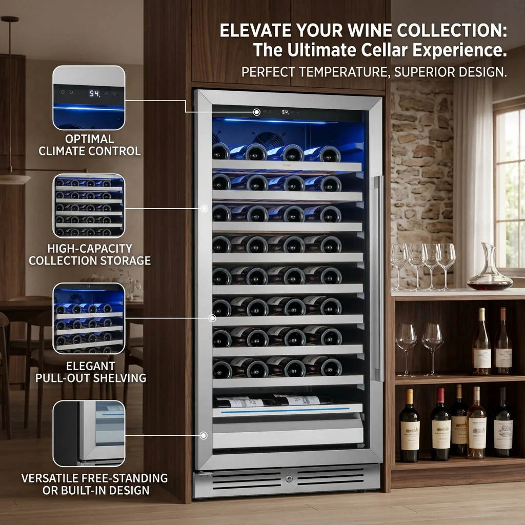89 Bottle Wine Cooler Refrigerator Compressor Air Cooling Quiet Embedded/Freestanding Wine Fridge for Living Room/Wine Bar 5℃-18℃ Adjustable Temperature Glass Door Cabinet