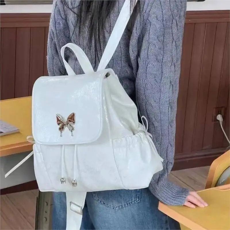 White Ballet Style Women Bow Butterfly Patch Large Capacity Backpack Ladies Elegant Gentle Exquisite Mochilas Mujer New