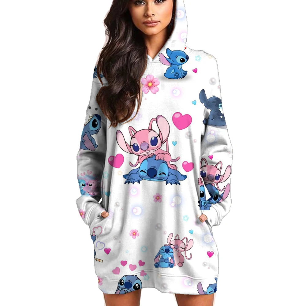 Ladies Sweater Christmas Printing Disney Stitch Round Neck Long Sleeve Hooded Sweater Dress Simple Fashion Ladies Clothing New