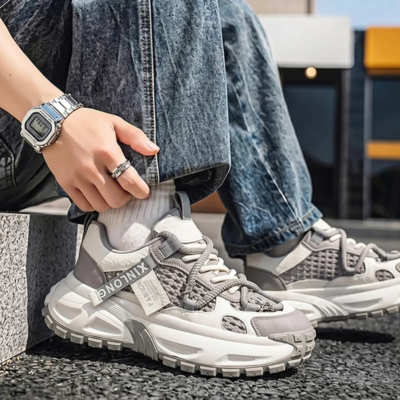 Men Mesh Chunky Sneakers Breathable Thick Platform Dad Shoes Non‑Slip Casual Sports Walking Shoes Size 39‑44