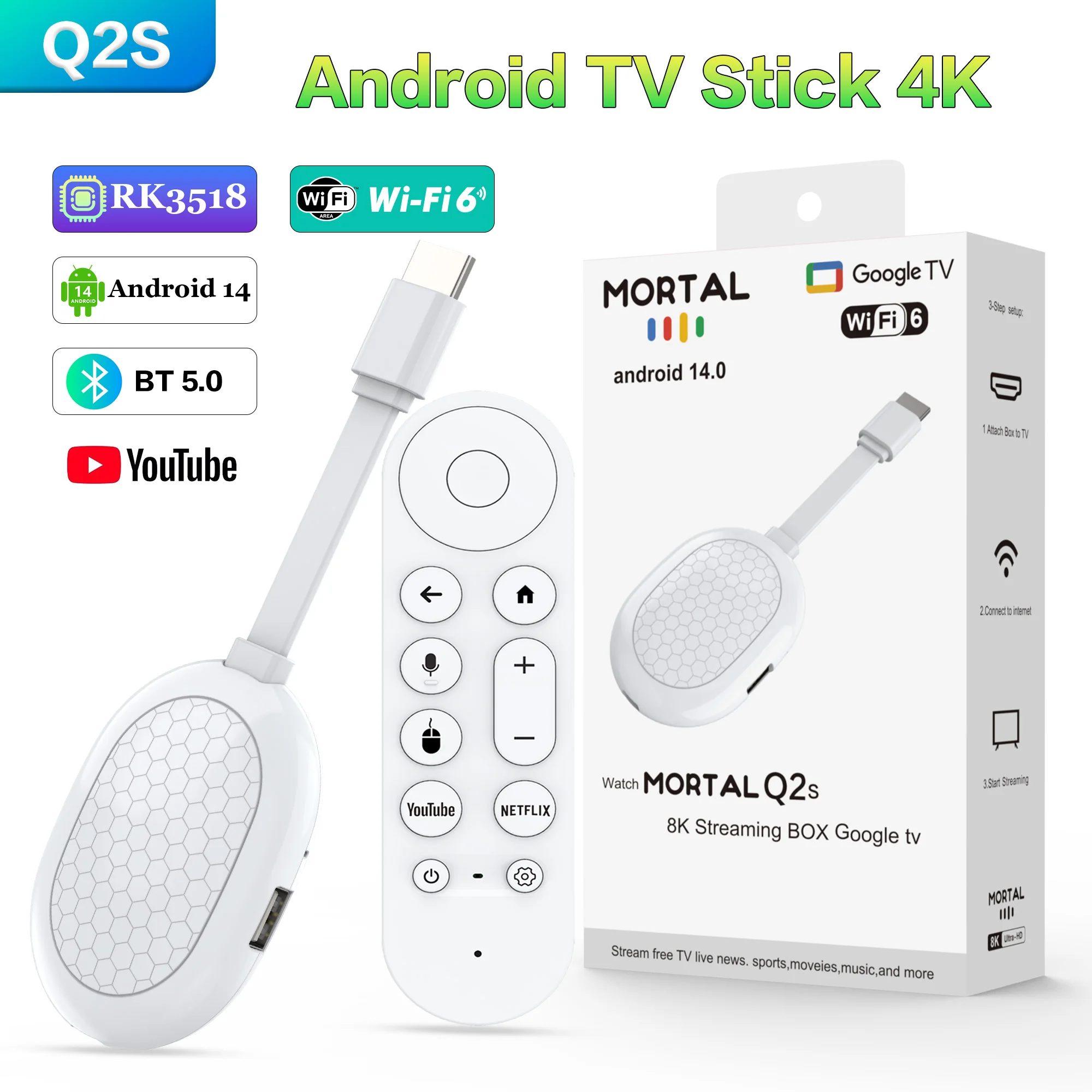 New Smart TV Stick Q2S Android 14 Support Ultra HD BT5.0 Dual 2.4/5 G Streaming Media Player BT 5.0 Video Decoding TV BOX
