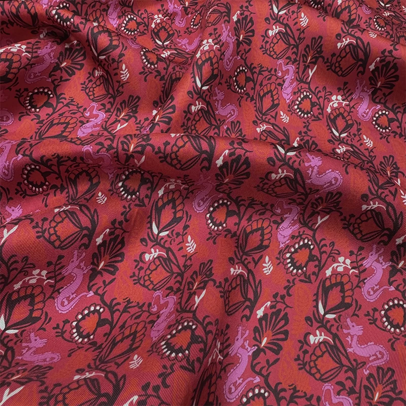 

1 meter 100% Mulberry Silk 19 momme Twill Silk Fabric Dark Red Totem Printed 140cm 55" wide by the yard JX209