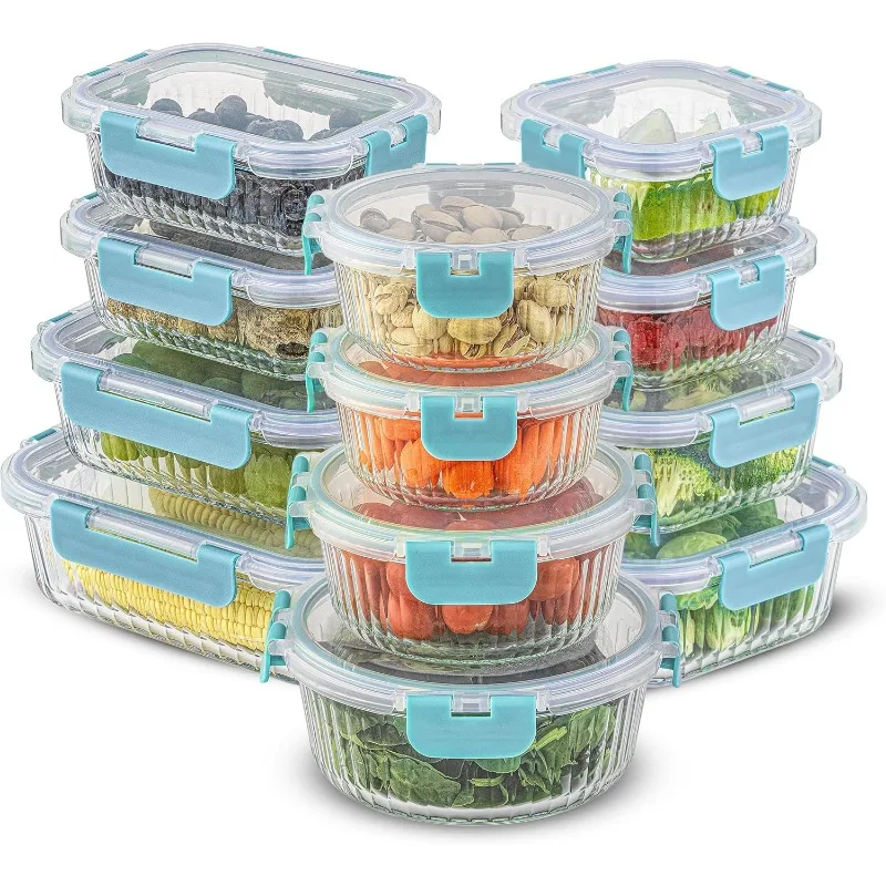 24pc Fluted Glass Storage Containers with Lids. 12 Airtight, Freezer Safe Food Containers, Pantry Kitchen Meal Prep for Lunch