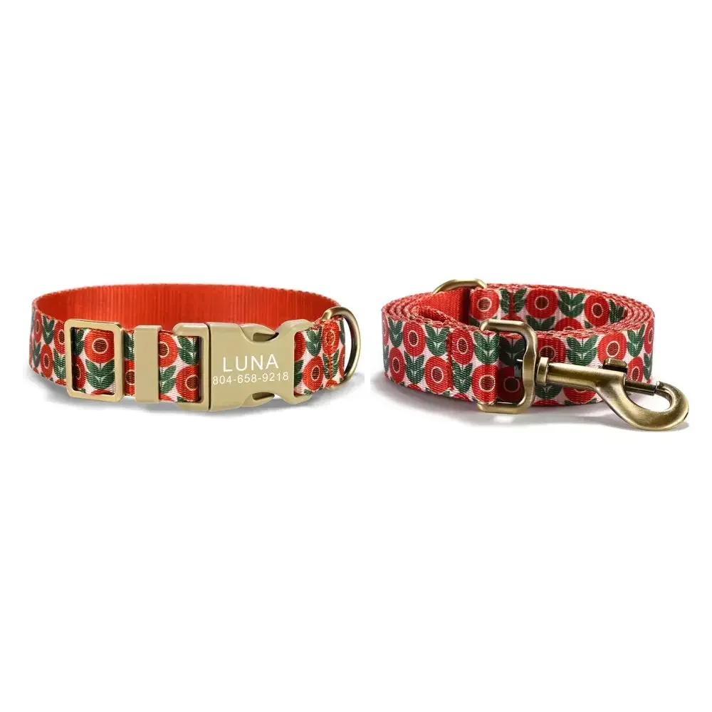 

Personalized Dog Collar with Free Engraving, Matching Pet Leash,Customzied Contacts Buckle, Red Flowers Cat Pet Collar