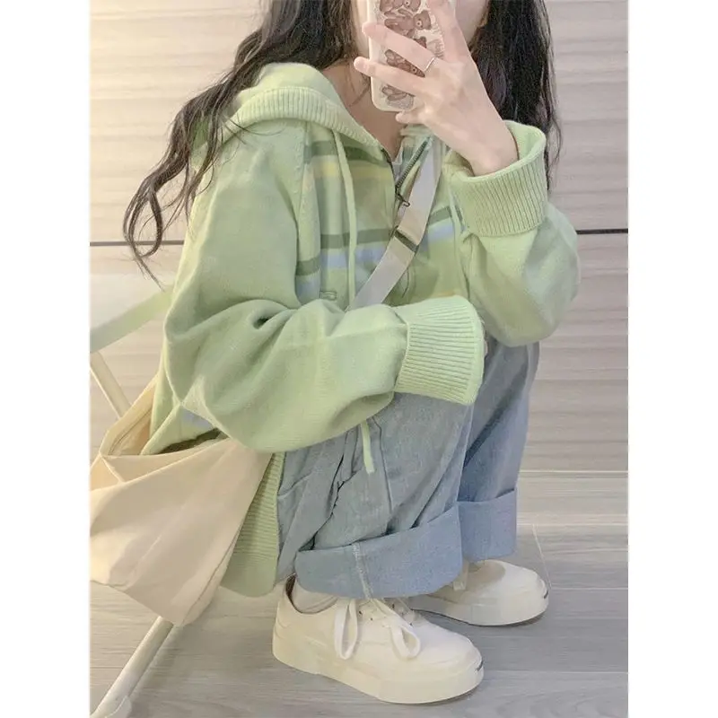 Hooded Striped Knitting Cardigan Women\'s Green Small Fresh Raglan Sleeves Simple Hip Hop China-Chic Top