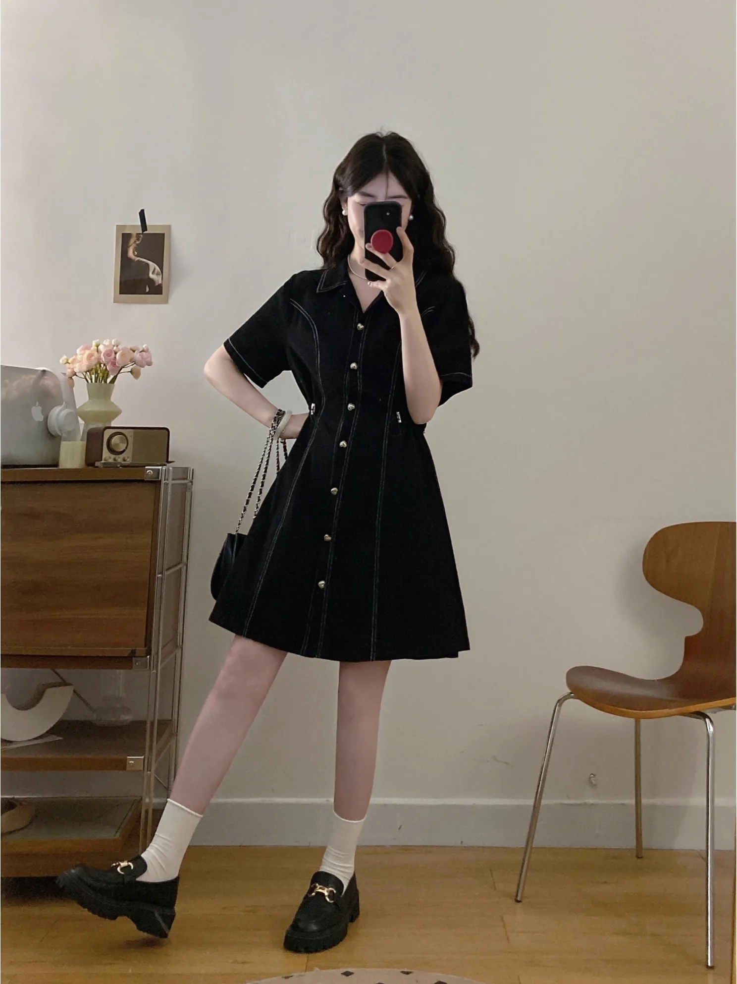 

plus Size A-Line Black Dress Hepburn Style Summer New Fashion Stand Collar Short Sleeve Slimming High Waist Korean Version