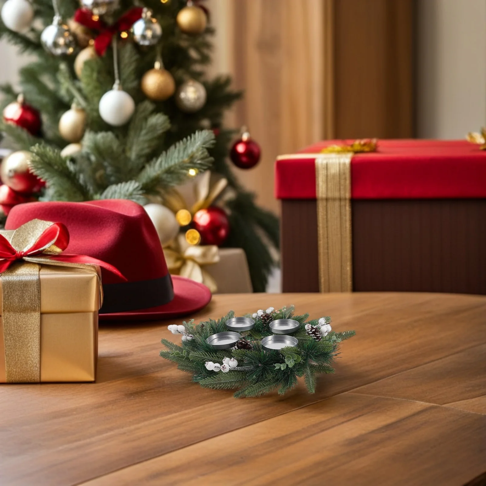 

Christmas Advent Wreath Artificial Pine Ring 15.72 Inch Cone Berries Holiday Centerpiece Holder Holiday Wreaths