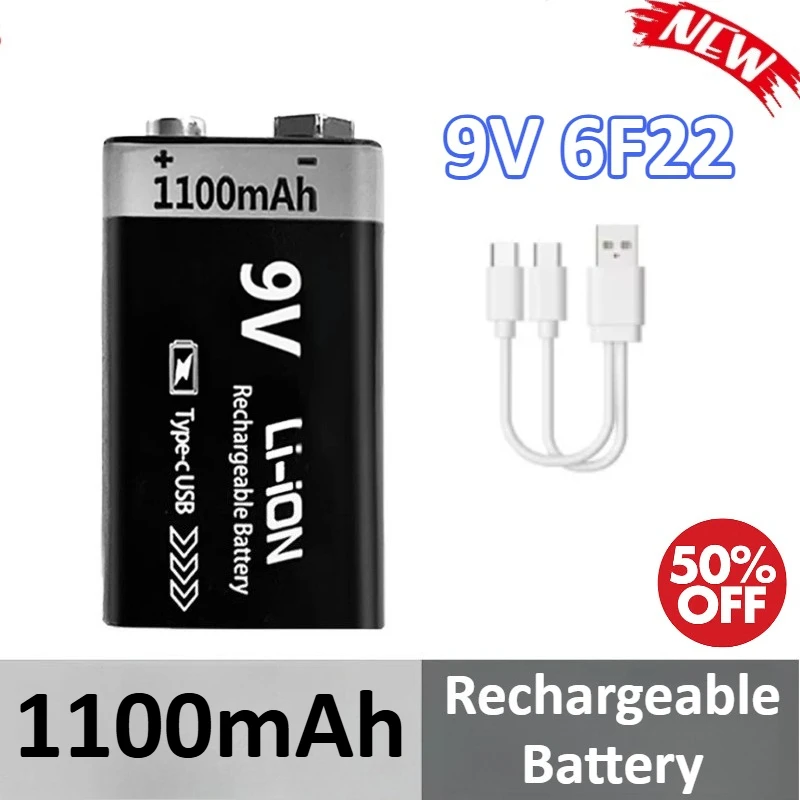 

1100mAh 9V Rechargeable Battery USB Type-C Rechargeable 6F22 Li-ion Battery For Helicopeter Model Multimeter Toy