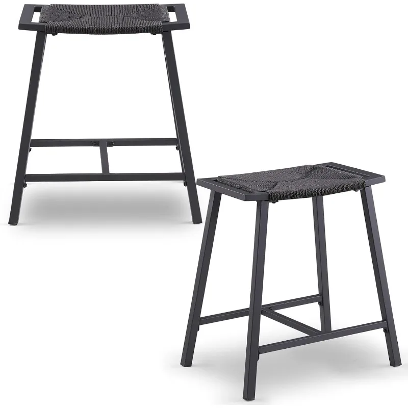 Counter Height Backless Bar Stool for Kitchen Island, Black Rope Wicker Pattern Weave Seat,Saddle Stools with Metal Base