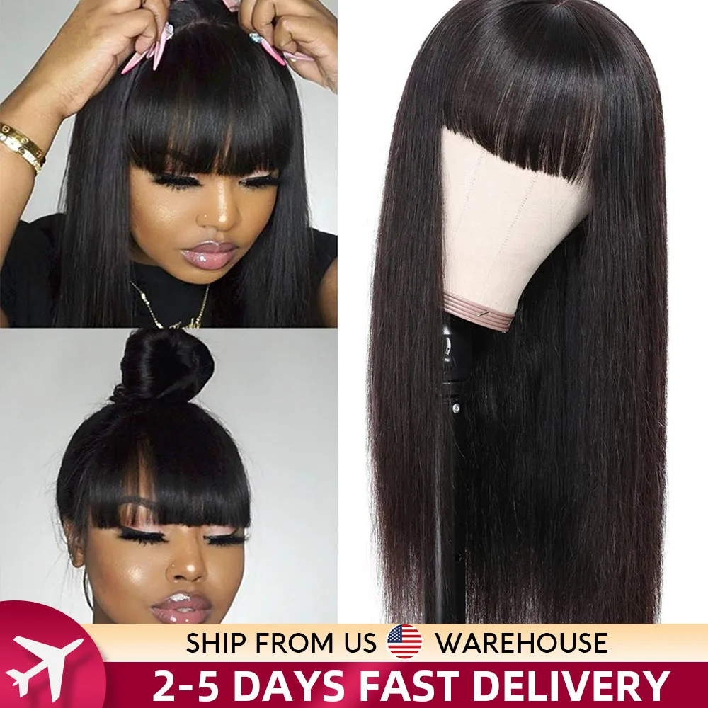 Straight Human Hair Wigs With Bangs For Women 10A Remy Virgin Hair None Lace Wig Glueless Indian  Full Machine Made Wigs