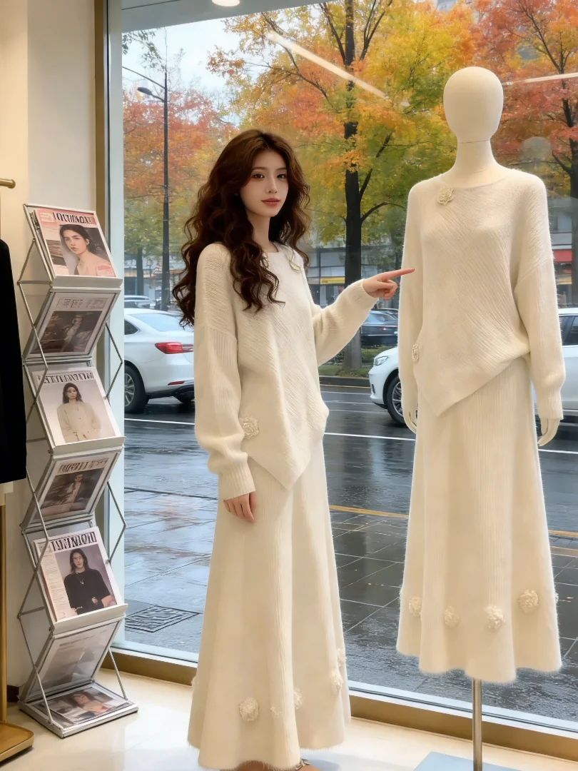 

Уникальный красивый зимний модный комплект Rich Girl Miu Series Long Sve вязаный свитер и юбка с растительным цветочным узором, нежный сле