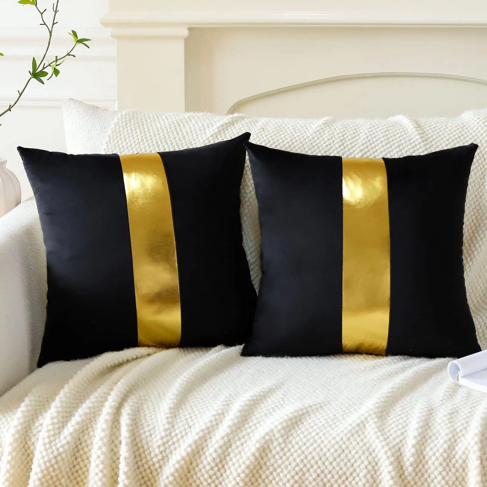 Velvet Throw Pillow Covers with Gold Leather Stitching Luxury Modern Minimalist Pillowcase Cushion Cover for Sofa Couch Set of 2
