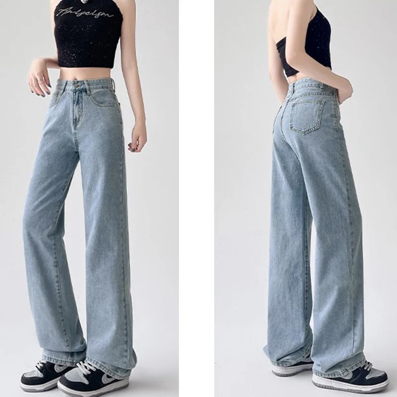 Wyprzedaż Klasyczne Damskie Jeansy z Wysokim Stanem Koreańskie Proste Nogawki Wąskie Rozszerzane Spodnie Damskie Dopasowane Spodnie Denimowe