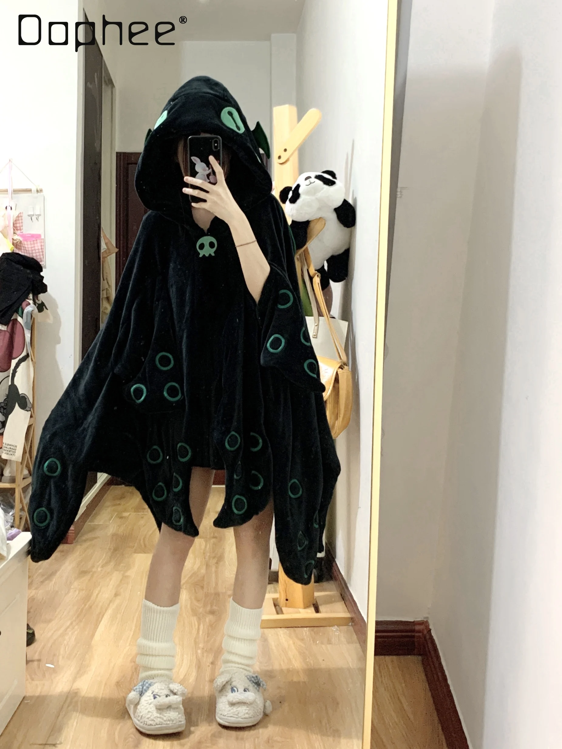 

Koakuma Cloak Night Robes Coral Fleece Hooded for Women Autumn Winter Cute Thickened Irregular Bathrobe Cosplay Homewear