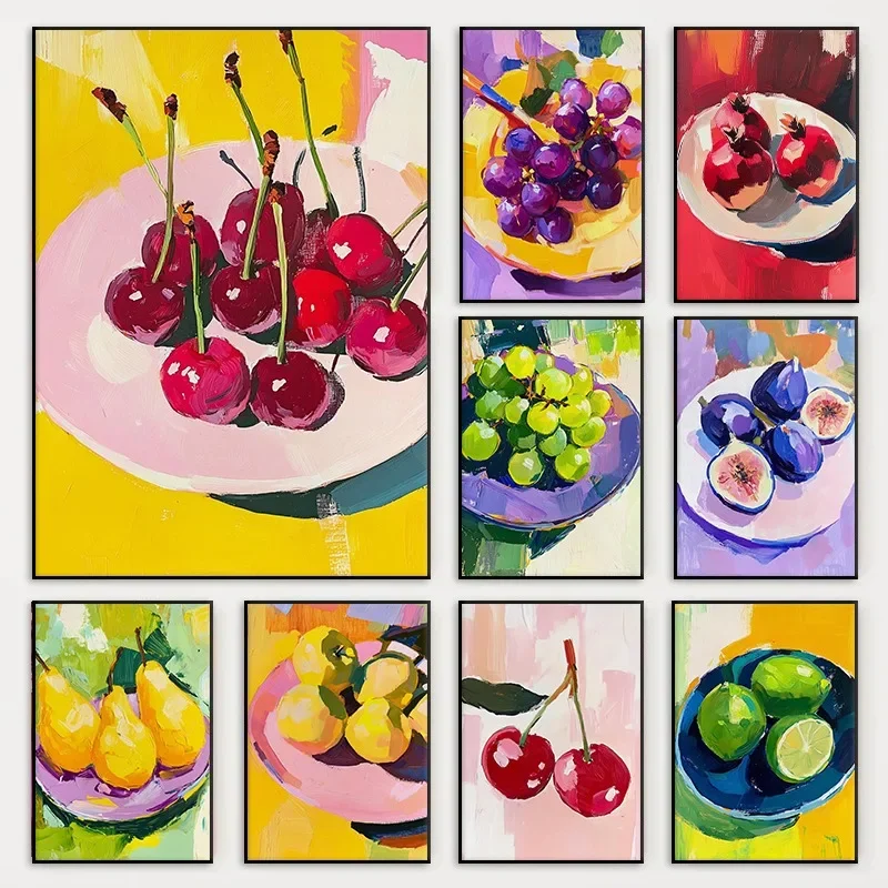 1pc frameless Canvas Painting Colourful Fresh Fruit Food Still Life Poster Lime Apple Cherry Grape Pear Canvas Painting Wall Art