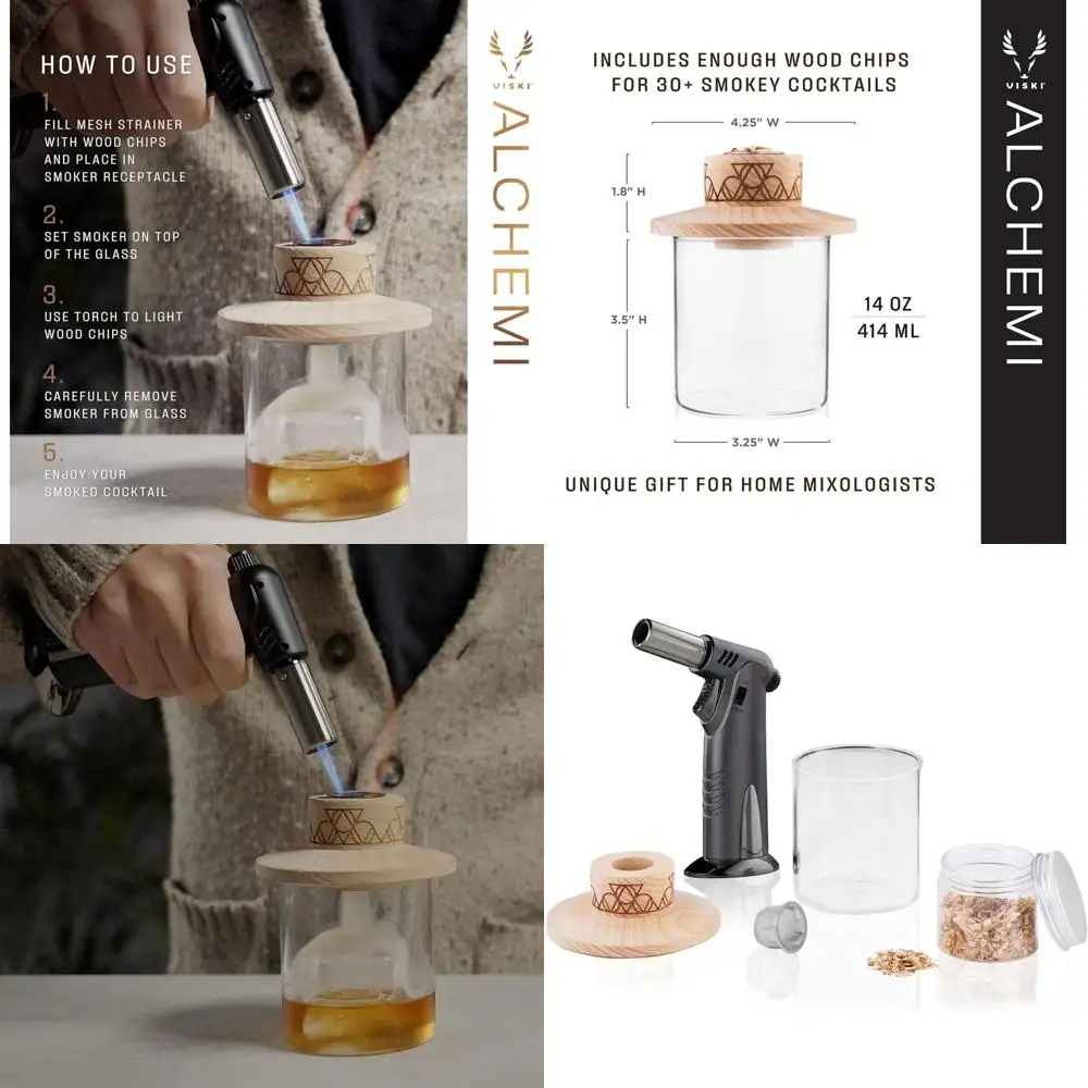 

Набор для курения коктейлей из 5 предметов: стакан с низким шариком, фонарь, коптильня, ситечко, дубовые чипсы для виски и бурбона