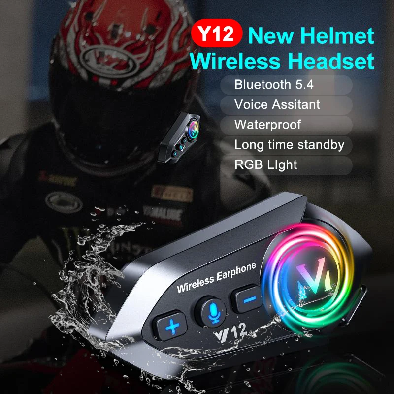 Auriculares inalámbricos Bluetooth 5,4 para casco de motocicleta, manos libres, resistente al agua, luz RGB con asistente de voz para esquiar y montar