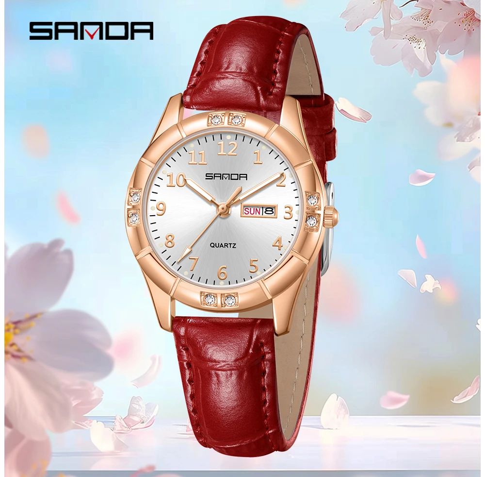 SANDA New 9096 Korean Vintage Leather Double Calendar Quartz Watch for Women 5ATM Waterproof Luminous Diamond Set Case 10mm Thin