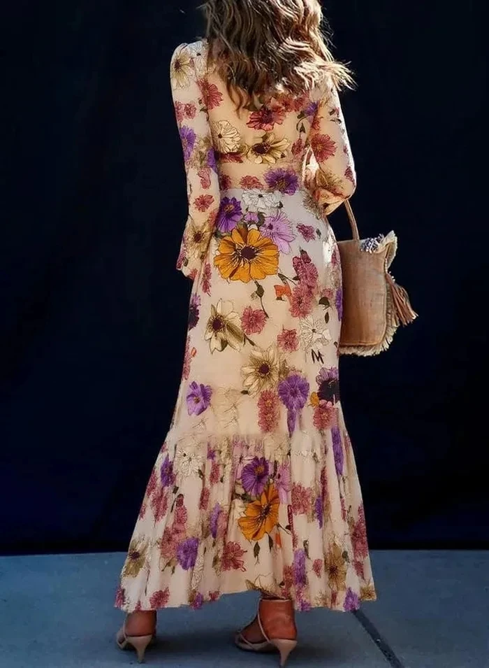 

2026 Women's Summer Fashion Independent Stand Ruffled Waist Printed Dress Temperament Long Skirt New Model for Women