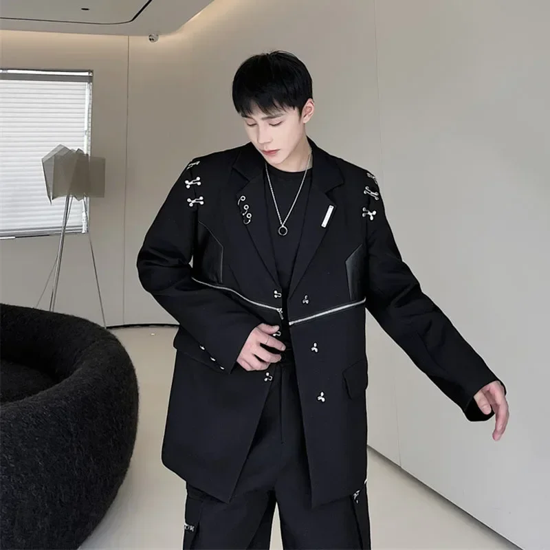 Dark Design New Fashion Men's Structural Suit Coat Multiple Zipper Decoration Solid Color Niche  Lapel Blazers 9A7469