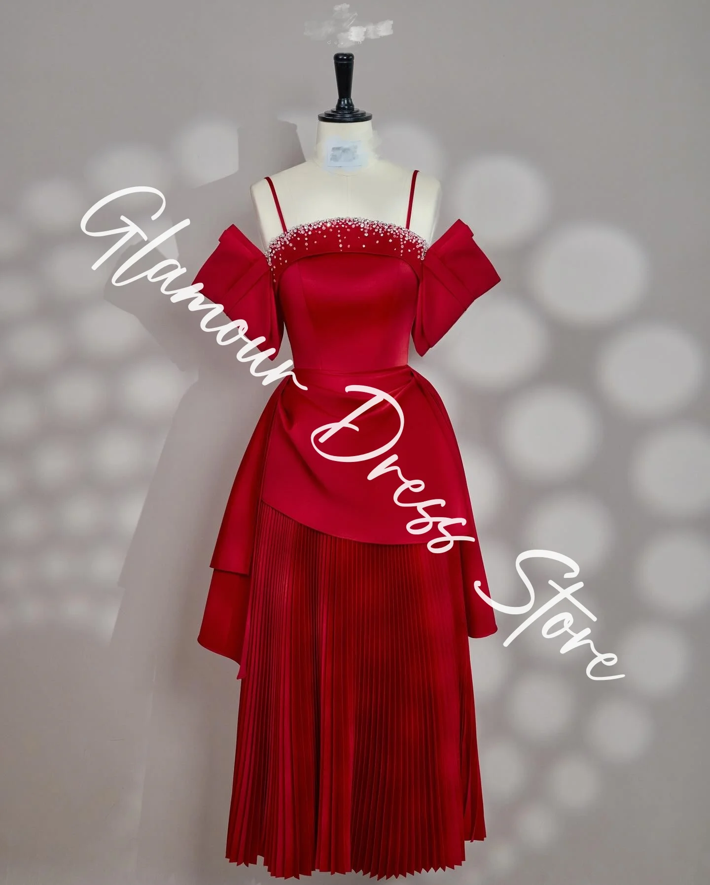 تخصيص رشيقة جيرسي ألف خط قبالة الكتف كريستال فساتين السهرة حمالة قصيرة الأكمام زيبر الظهر الأحمر برو #4