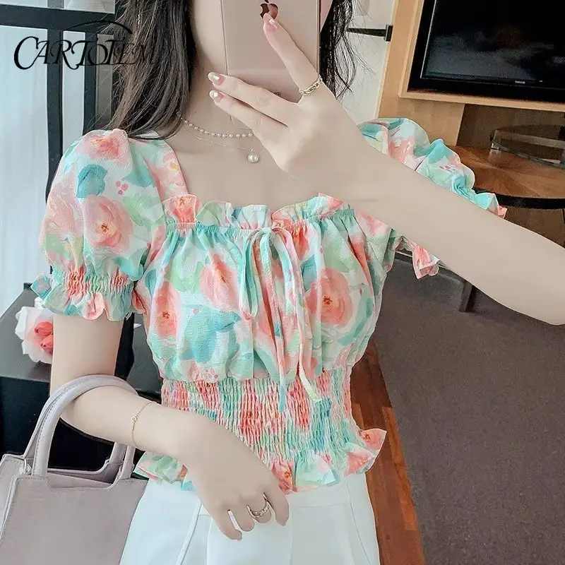 

Temperament Square Collar Puff Sleeve Printed Shirt for Women New Style Design Chic Short Slim Top
