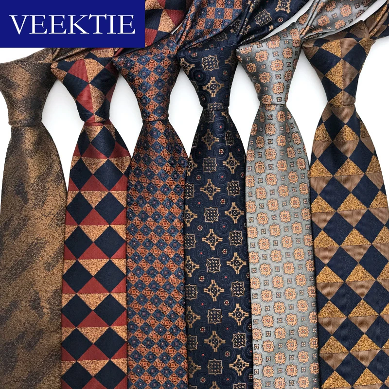 VEEKTIE Brand Old Fashion Neckties For Men 8cm Retro Vintage Check Champagne Costume Uniforms Wedding Party Formal Grooms