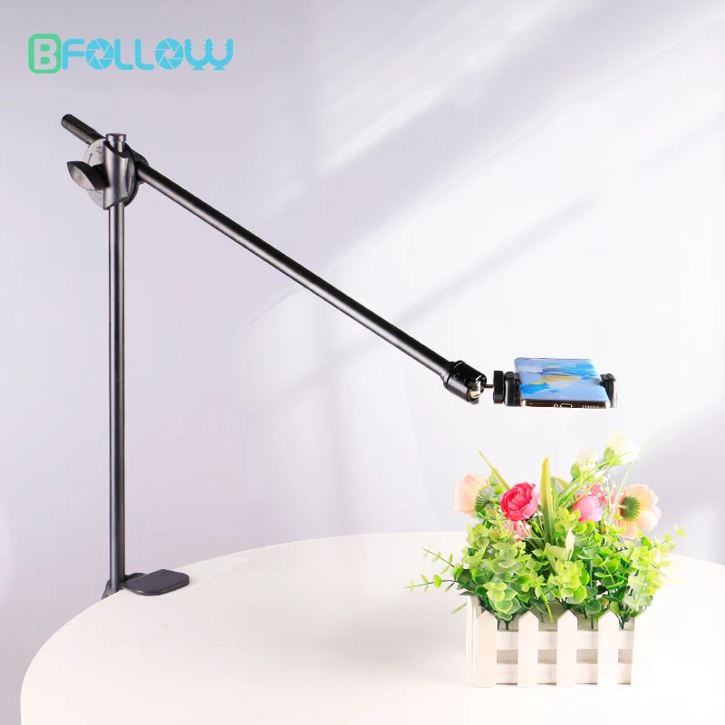 BFOLLOW Boom Arm Suporte de tiro suspenso Suporte de braçadeira de mesa para celular Suporte para tablet Câmera Magnética Top Down Video