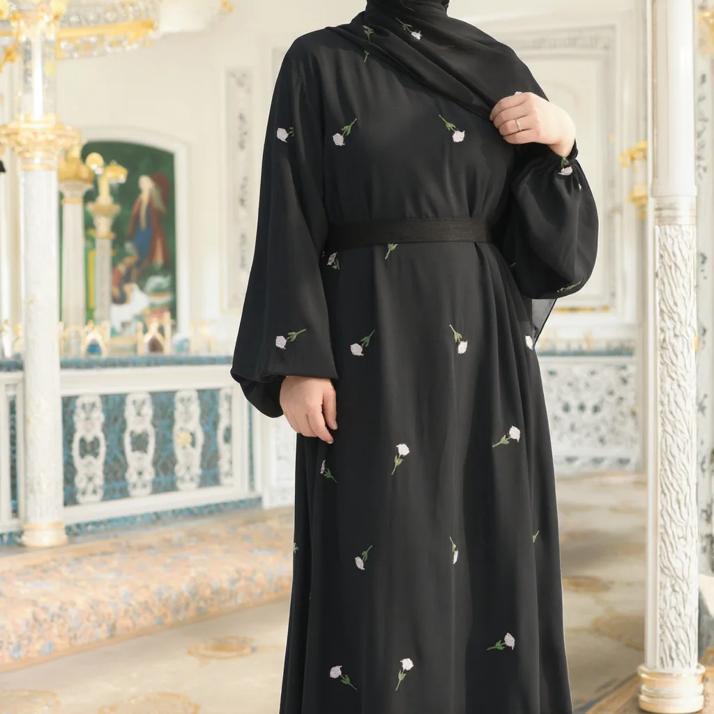 

2025 Abaya Dubai Modest Muslim Clothing Ramadan EID Luxury Flower Embroidery Nida Black Closed Maxi Abaya Dress With Belt