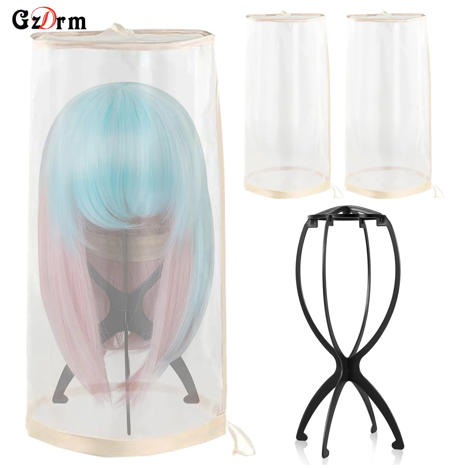 2Pcs Wig Dust Bag 1Pack Wig Stand with Travel Wig Head Stand Holder for Women Multiple Wigs Styling