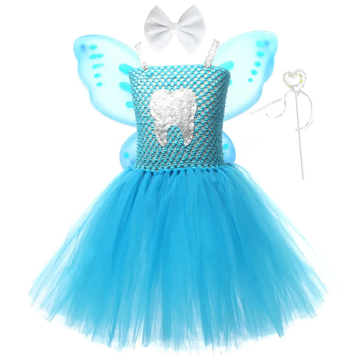 Halloween Performance Tutu Dress Angel Fluffy Skirt with Butterfly Wings Decor Dress Stage Show Attire Gathering Event Apparel