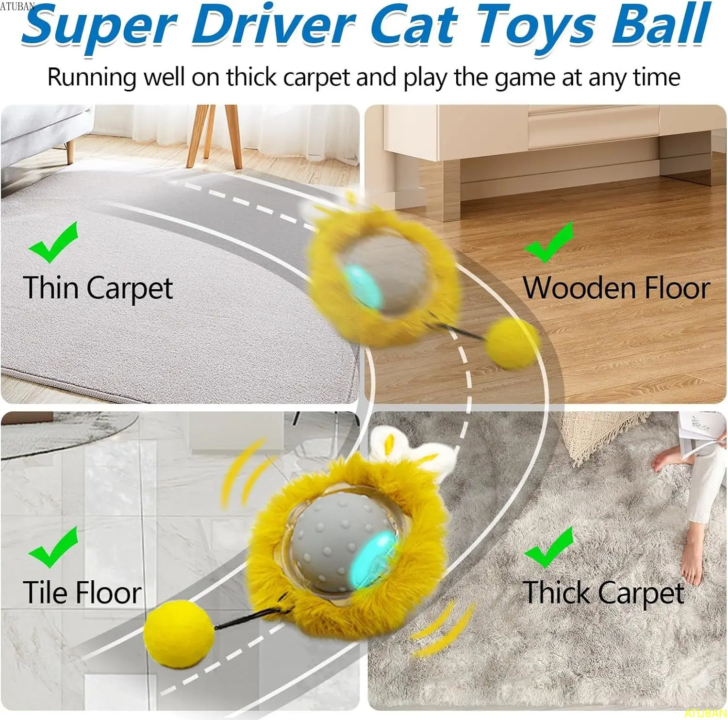 Motion Interactive Cat Toys - Automatic Moving Ball Toys for Indoor Cats, Self Rotating Ball with Lights, Electric Cat Mice Toys