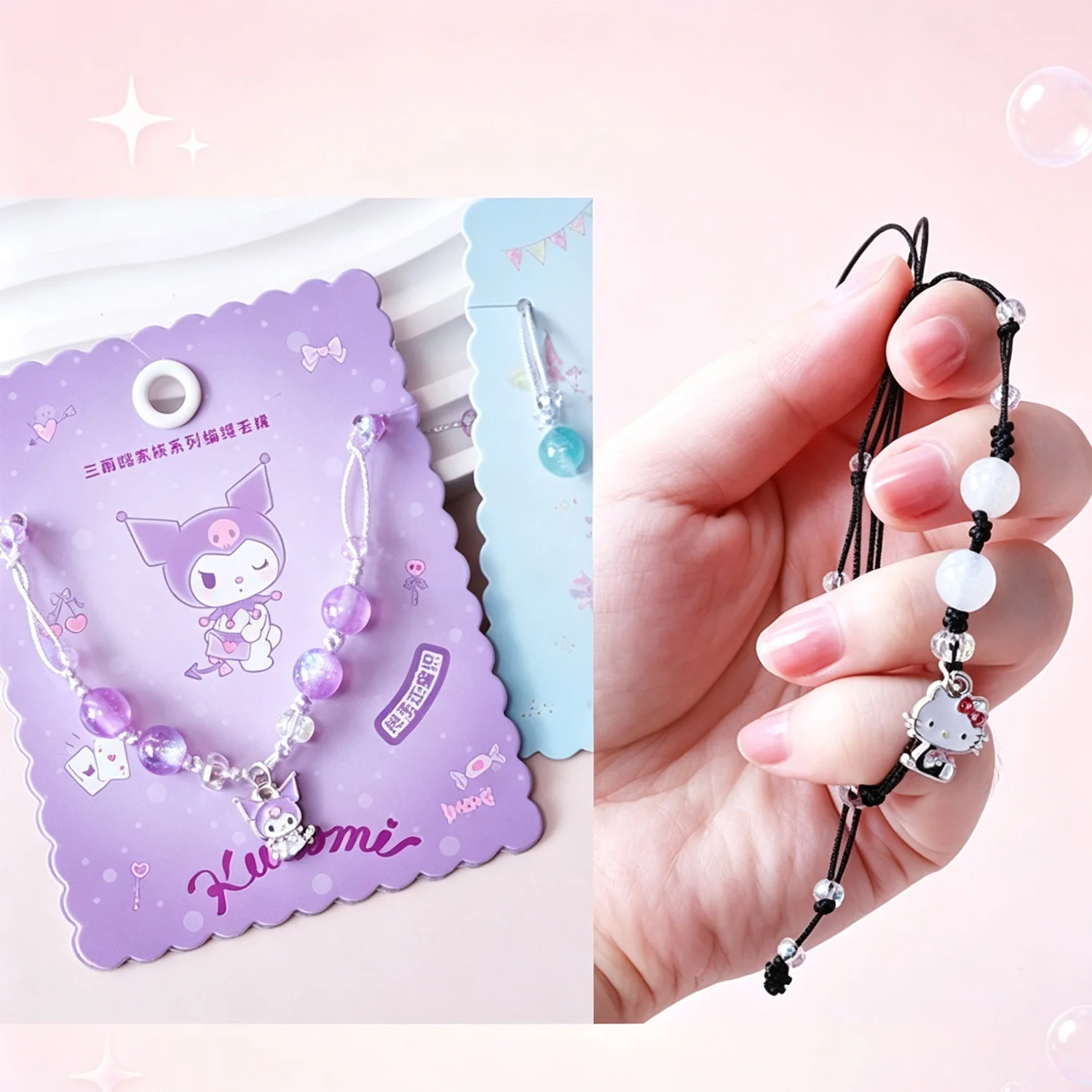 Kuromi Cinnamoroll Braided Beaded Wrist Ornament Glitter Crackle Beads Hand‑woven Craft For Girls Daily Decoration Holiday Gift