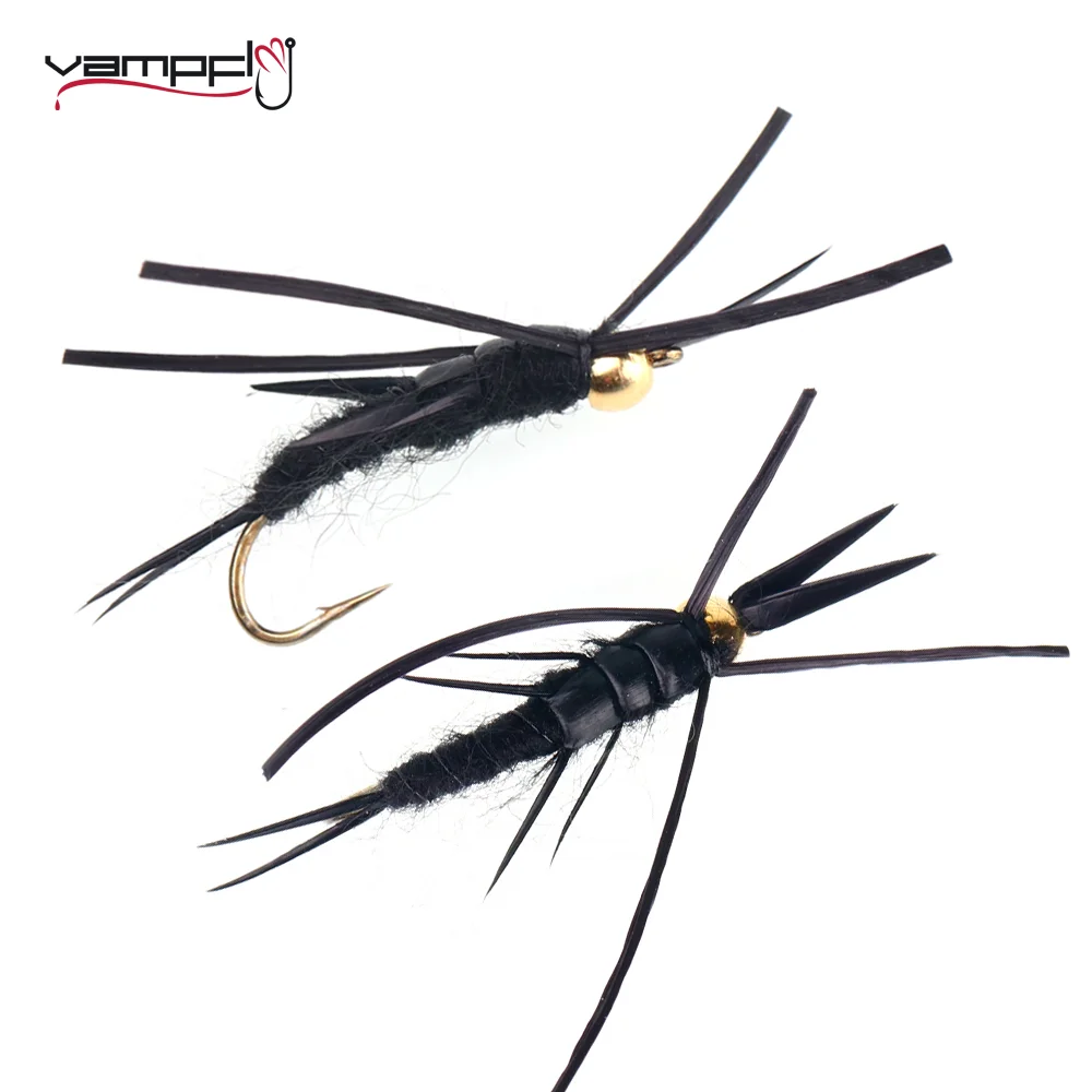 

Vampfly 6pcs Brass Bead Head Black Stonefly Nymph Rubber Leg Copper Wire Rib Bug Worm Wet Nymph Trout Bass Fishing Fly Lure Bait