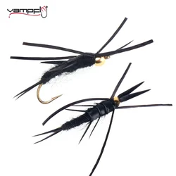 Vampfly 6pcs Brass Bead Head Black Stonefly Nymph Rubber Leg Copper Wire Rib Bug Worm Wet Nymph Trout Bass Fishing Fly Lure Bait
