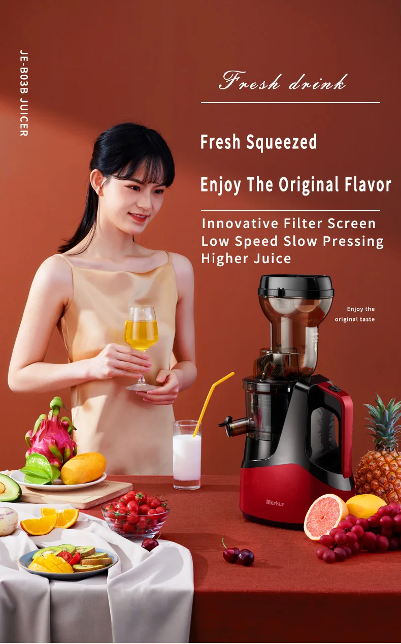 

Large-capacity, large-diameter pomace and juice separation, low temperature press fresh fruit juicer