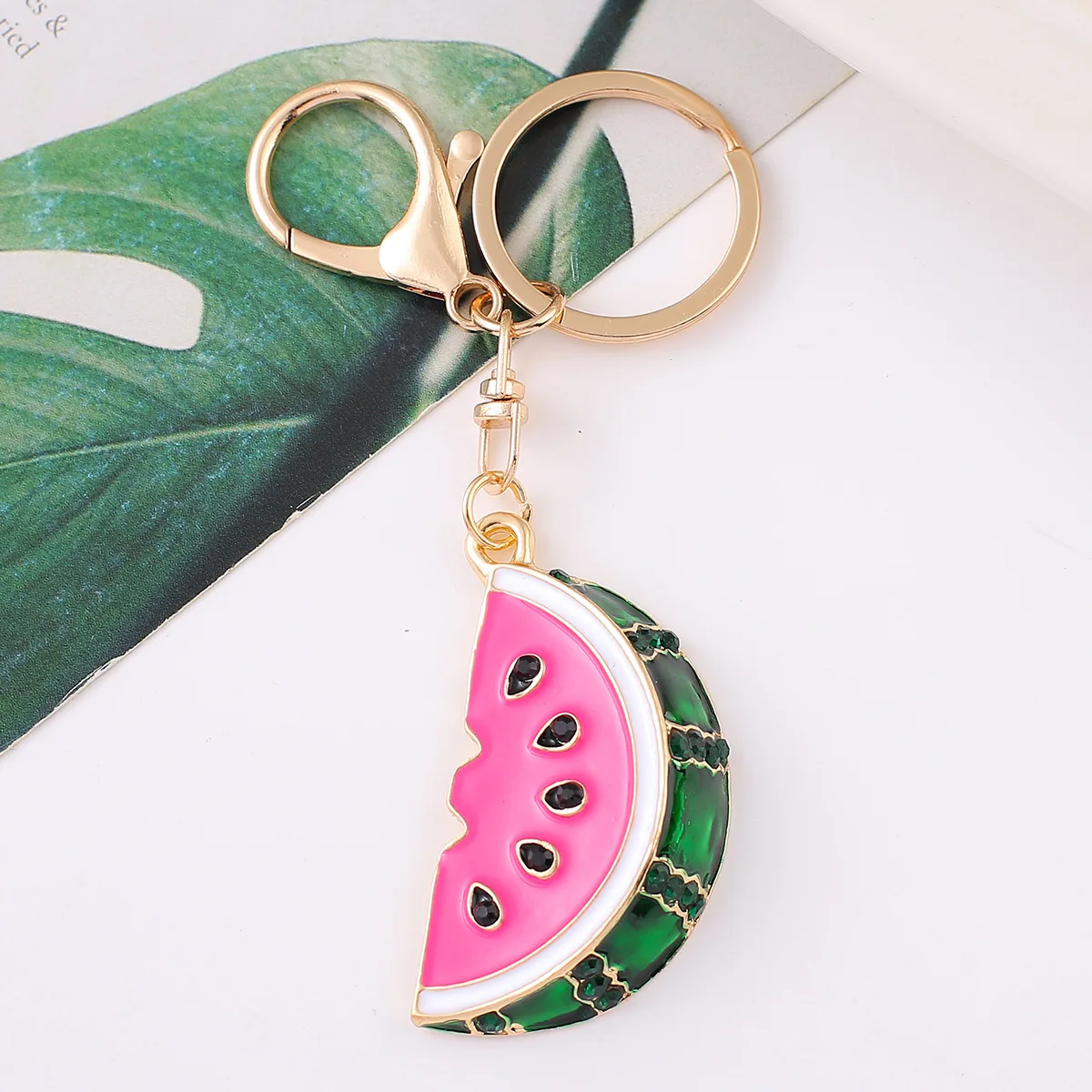 Cartoon Fruit Watermelon Key Chain Full Rhinestone Women Handbag Pendant Golden Metal Keyring Crystal Jewelry Key Accessories