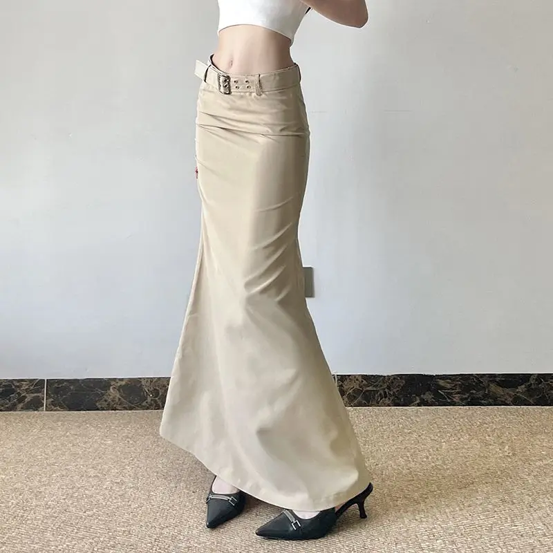 Fishtail Lange Rok Met Sjerpen Elegante Mode Solide Sexy Slanke Maxi-Rokken Met Middelhoge Taille Vrouwen 2024 Zomermode Streetwear