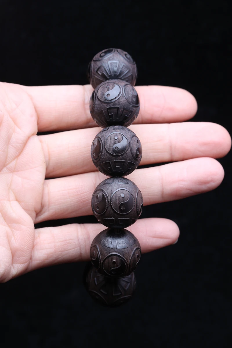 Ebenholz-Herren-Holzarmband, Symbol der Philosophie, männliches Armband, Symbol der Wahrsagerei, 20 mm, schwarzes Holzperlenarmband – Detail 6