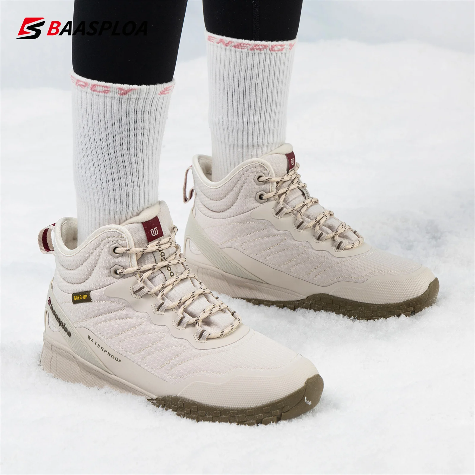 Baasploa Women Cotton Shoes New Winter Casual Waterproof Plush Warm Snow Boots Female Outdoor Non-Slip Lace up Walking Shoes