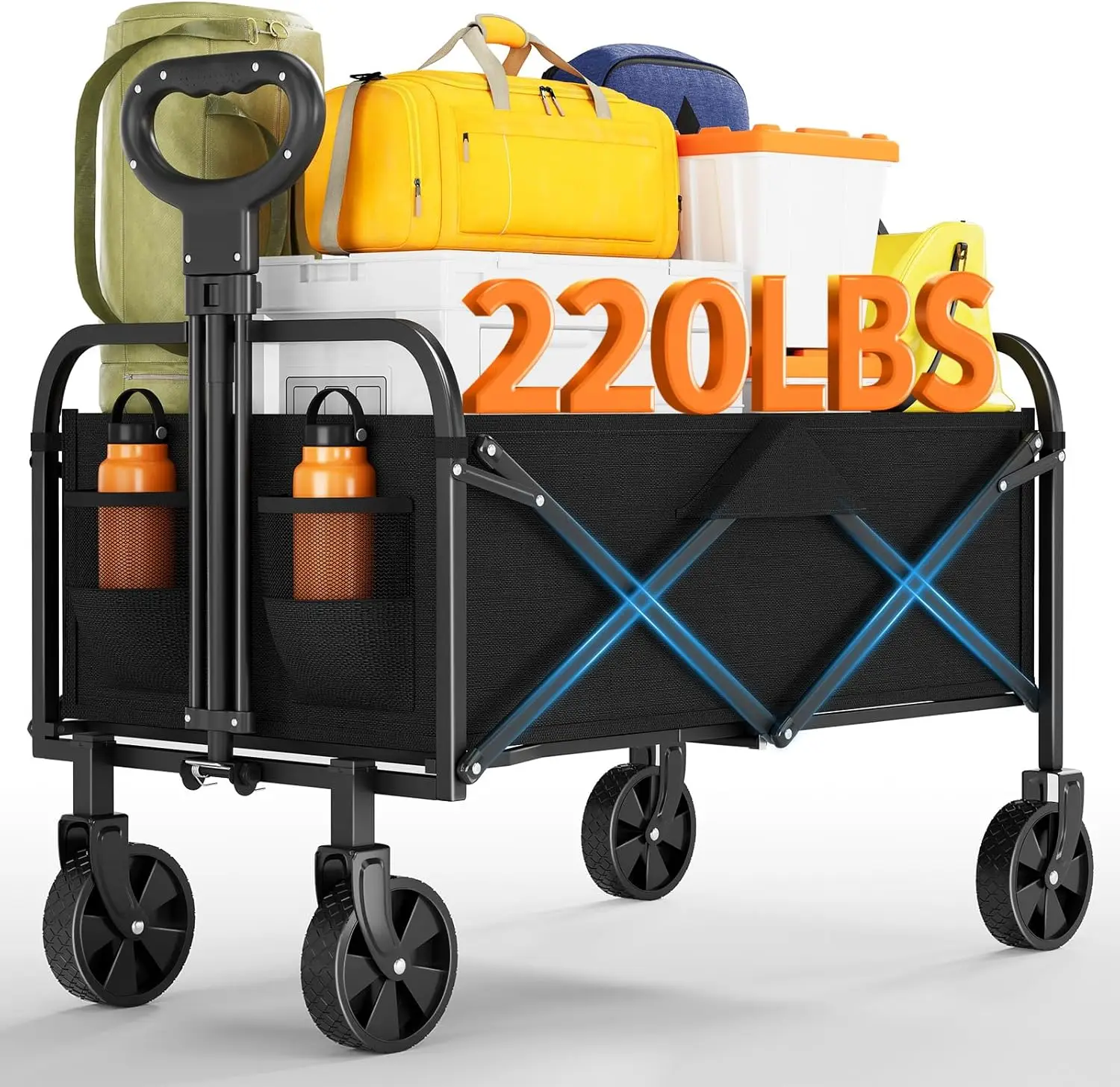 عربة متعددة الأغراض قابلة للطي، عجلات لجميع التضاريس، مقبض قابل للتعديل، حامل أكواب، عربة نقل للطرق الوعرة للتخييم