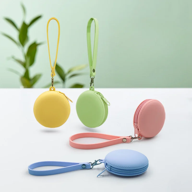 Round Silicone Coin Purse Small Women Girls Key Bag Wallet Mini Data Cable Headset Bag Purses With Wrist Belt Kid Gift