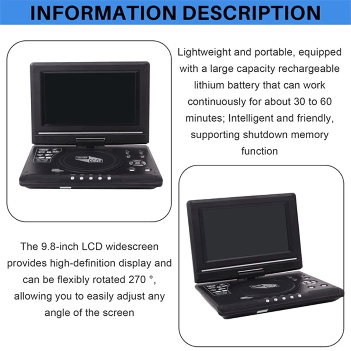 9.8 Inch Portable DVD Player Swivel Screen Dual Speaker DVD Player VCD EVD CD Game TV Player for Car Home Use-EU Plug