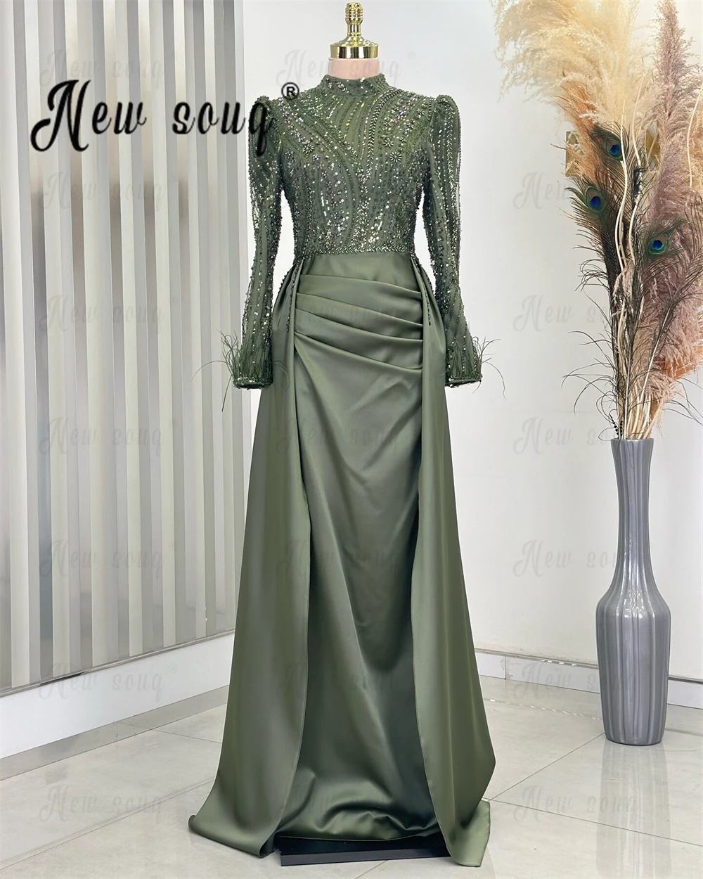 Sage Green Turtle Neck Prom Dresses Muslim Long Sleeves Wedding Guest Party Gowns Customized Beading Formal Reception Dresses