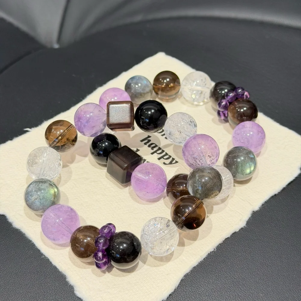 Natural Somky Quart And Black Obsidian Amethyst Bead Bracelet Women Reiki Healing Strand Bangles Jewelry For Female Gift 1PCS