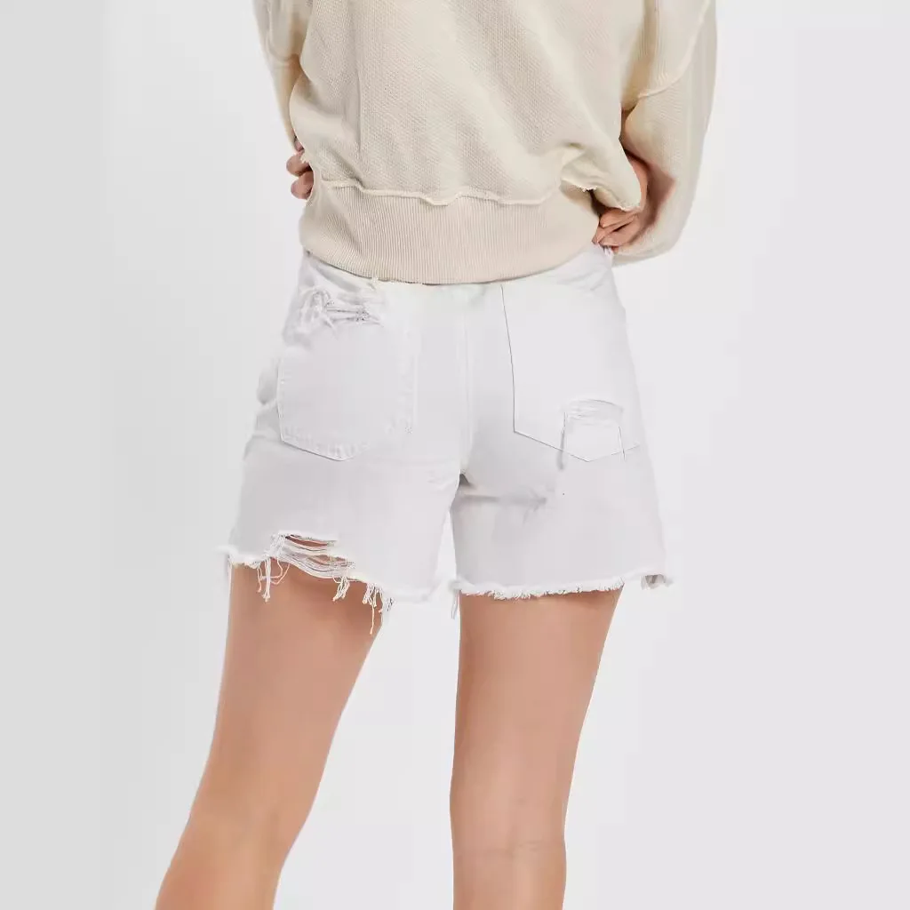 Ripped Shorts Women Trendy Solid Color Ripped Jeans Washed Button Pockets High Waist Retro Shorts Street Straight Jeans 2025