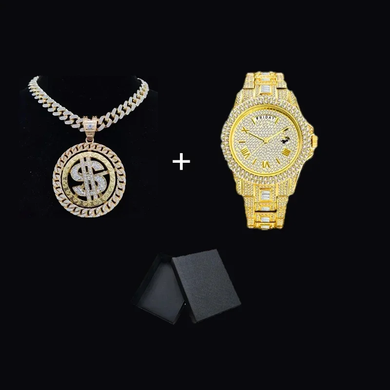 Iced Out Paved Crystal Dollar Pendant Miami Cuban Link Chain Necklace +watch Combo Sets  Hip Hop Jewelry Sets Gold Silver Color