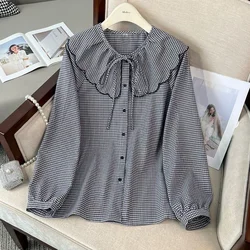 Women's Fashion Vintage Plaid Ruffles Lace Up Shirt Sweet Chic O Neck Long Sleeve Blouse Spring Autumn Casual Loose Tops Blusas