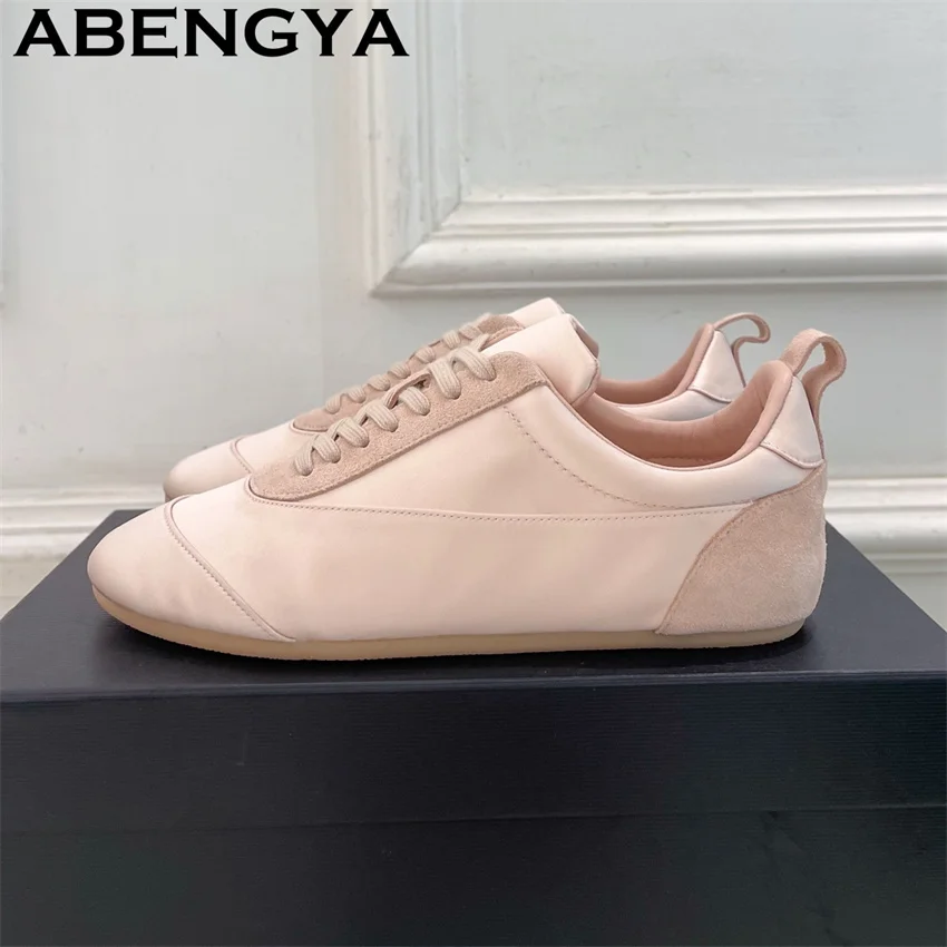 Pink Satin Round Toe Lace Up Casual Shoes Women's Spring Summer Comfortable Running Shoes Oxfords Bottom Sneakers Shoes Mujer