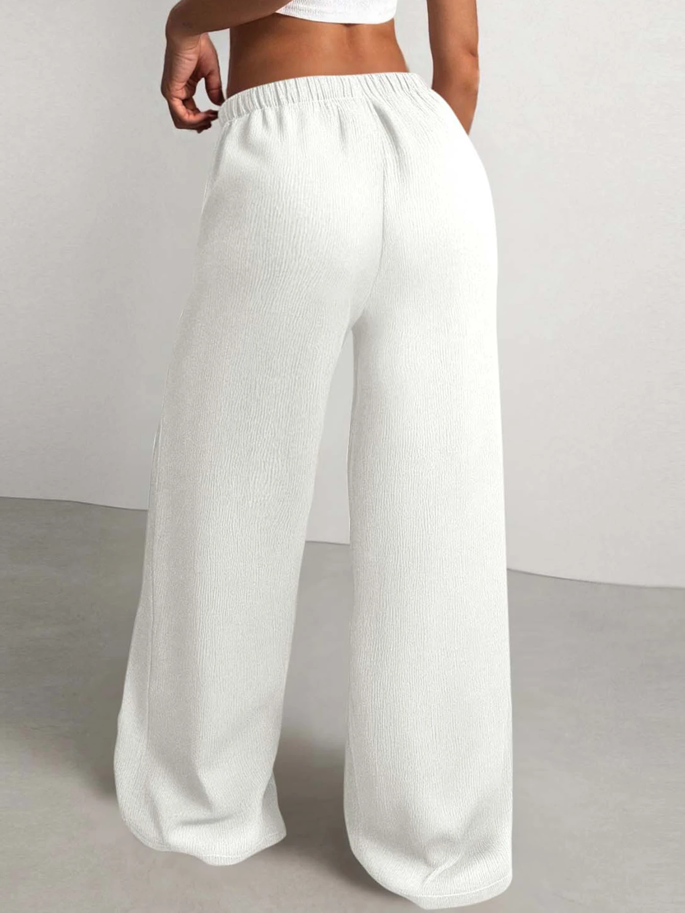 Ladies Pure Color Loose Treebark Wide Leg Casual Pants Long Trousers Drapey Waist Drawstring Comfortable